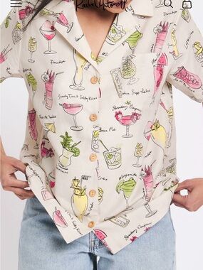 Rachel Antonoff Beige Cocktail-Print Short Sleeve Button Shirt